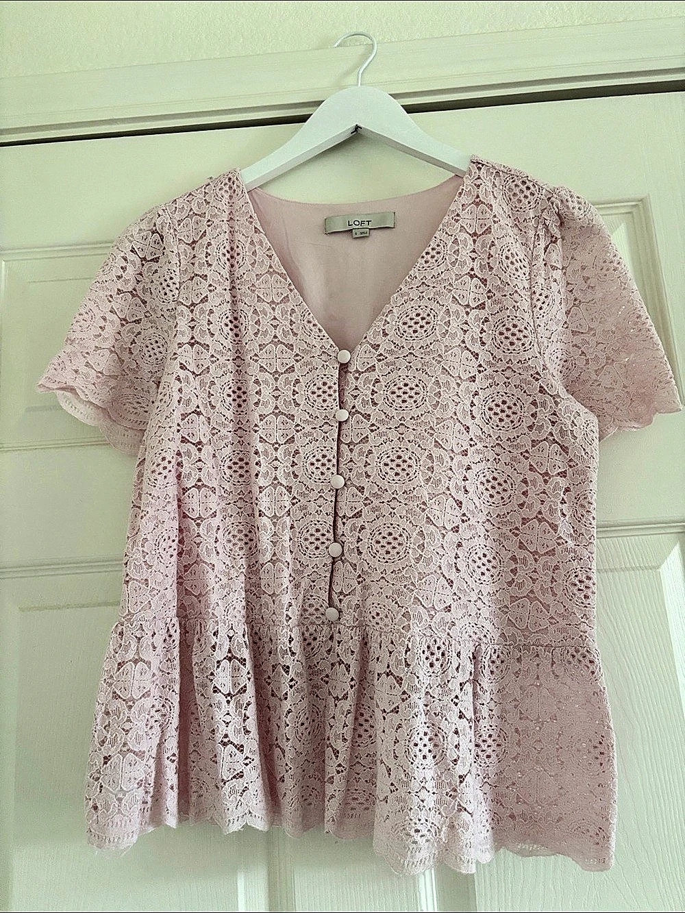 LOFT Floral Lace Short Sleeve Blouse Pink Medium